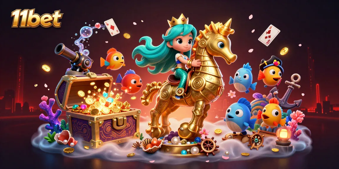 Immerse in the 11bet paradise with a lively mermaid and seahorse amidst treasures and games!