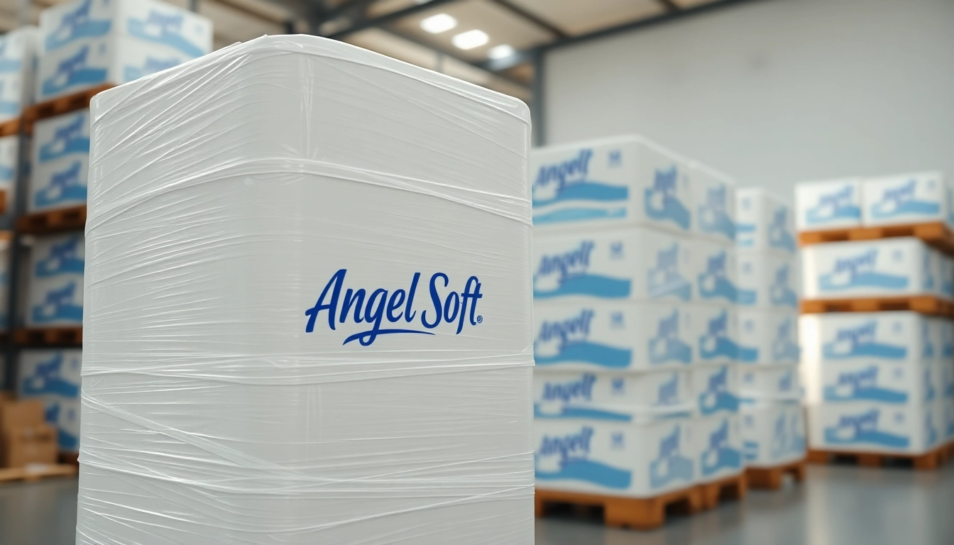 Discover Angel Soft Toilet Paper Pallets stacked neatly in a professional warehouse environment.