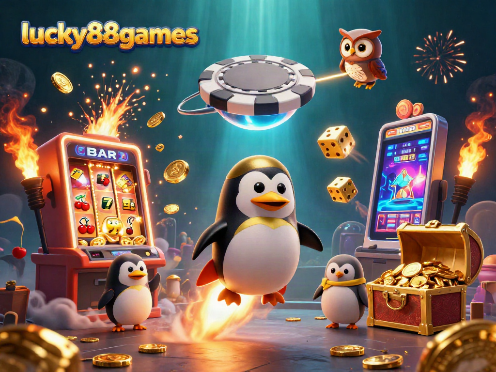 Spin jackpot reels and uncover wins with lucky88games in this vibrant 3D casino adventure illustration.