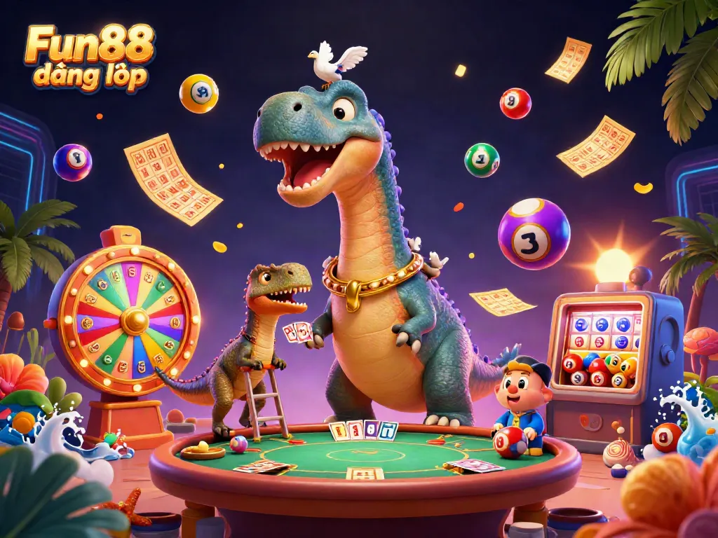 Experience Fun88 đăng nhập through a vibrant 3D casino scene showcasing dynamic game elements.
