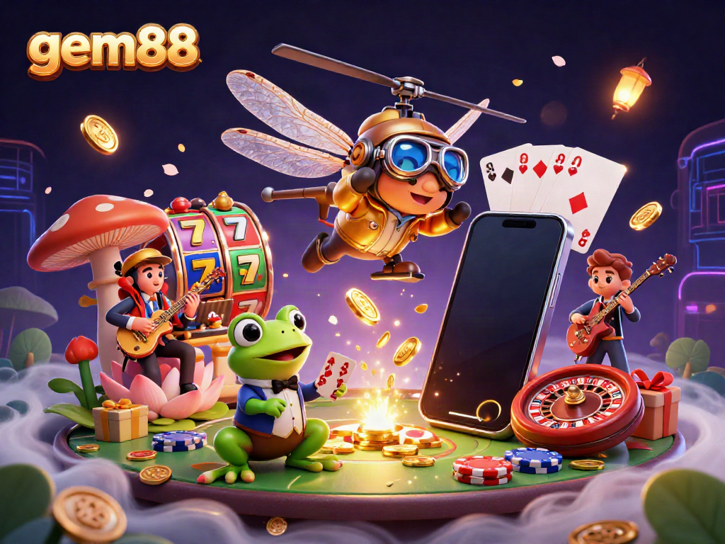 Experience thrilling gameplay at gem88 with a vibrant casino scene highlighting game elements and lively characters.