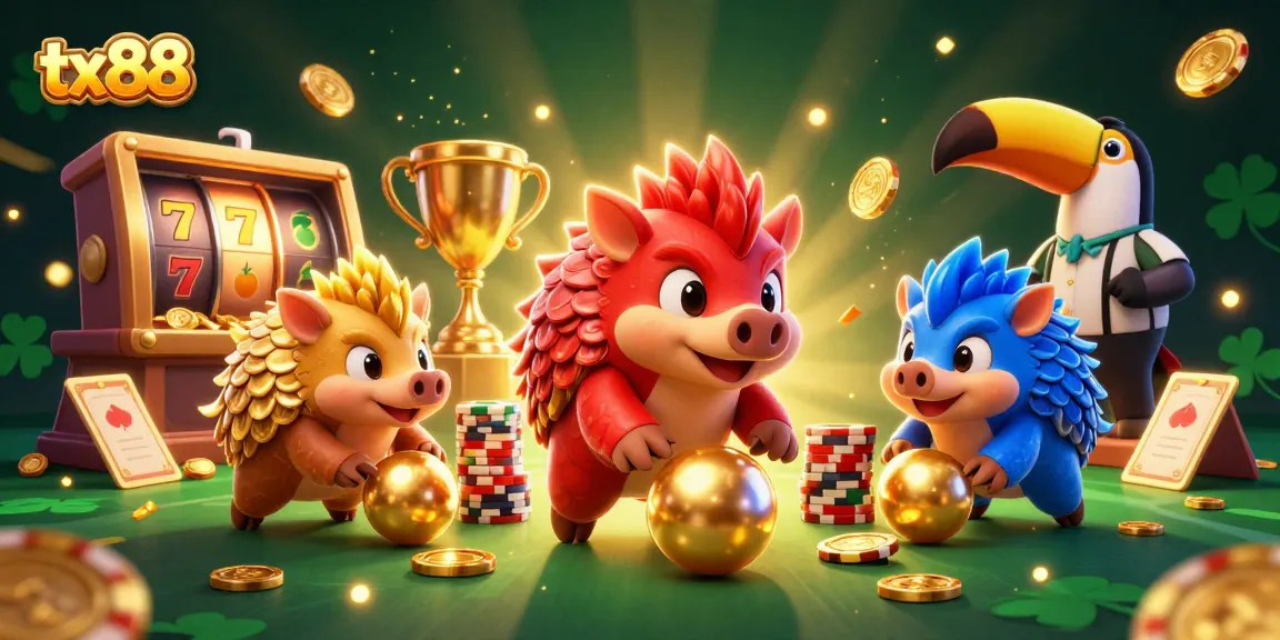 tx88 showcases a vibrant gambling scene with colorful pangolins rolling poker chips.