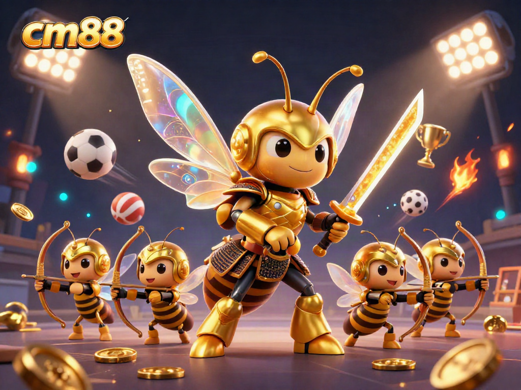 Engaging scene of cm88 featuring a golden hornet in samurai armor surrounded by casino elements, showcasing vibrant energy and excitement.
