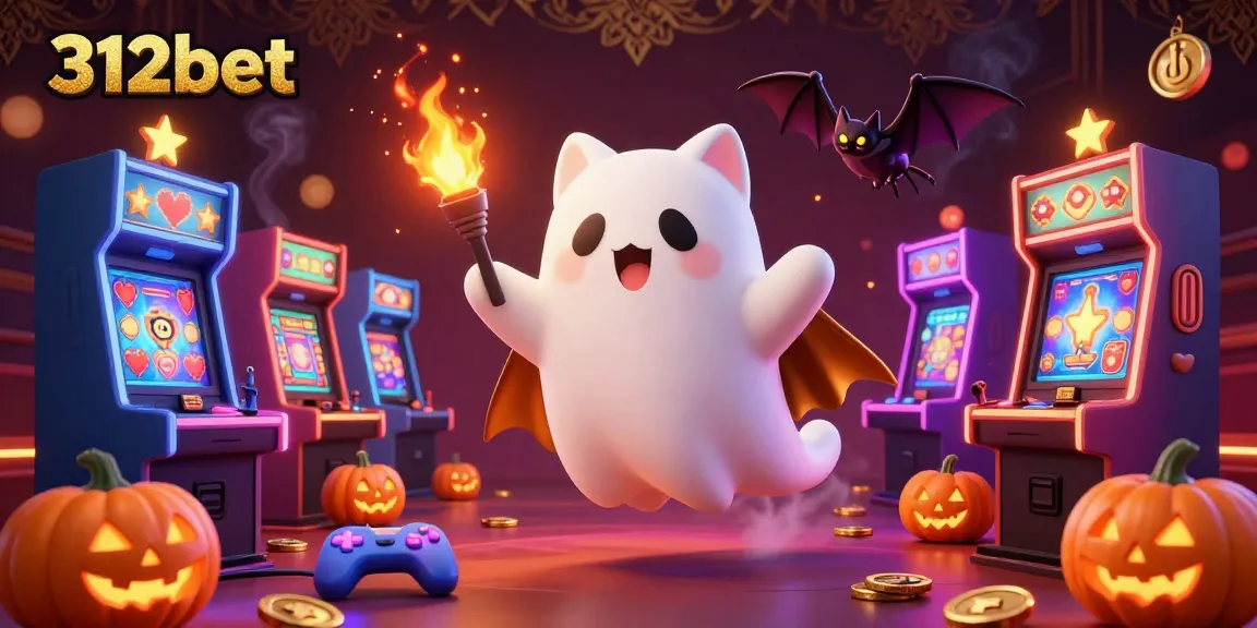 Experience the thrilling slots action at 312bet with a lively ghost cat and bat in a vibrant casino world.