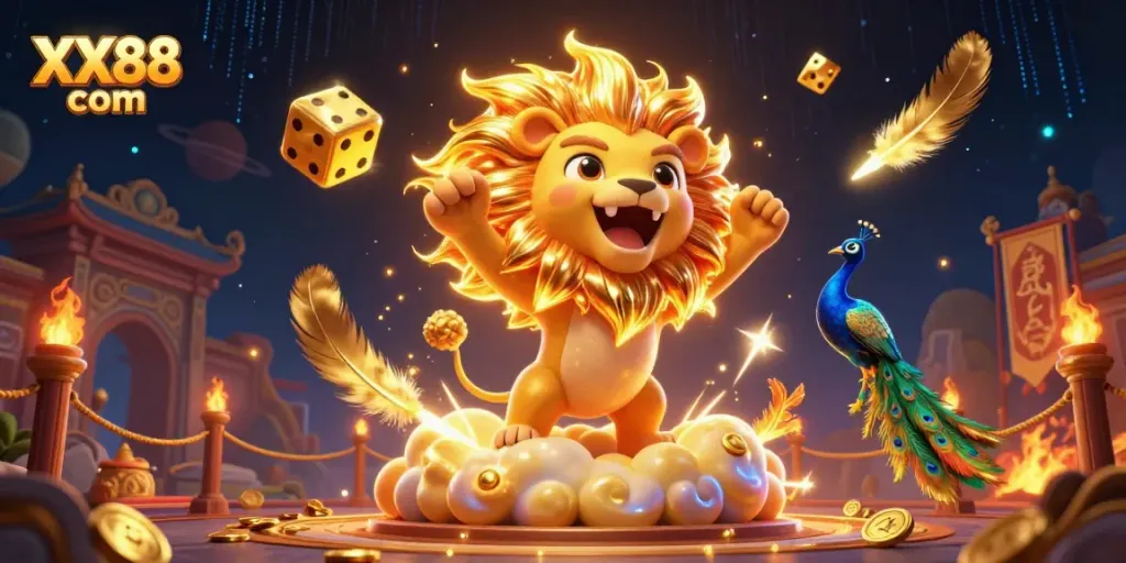 Experience the excitement at XX88 com with a vibrant casino scene featuring golden lion and dice.