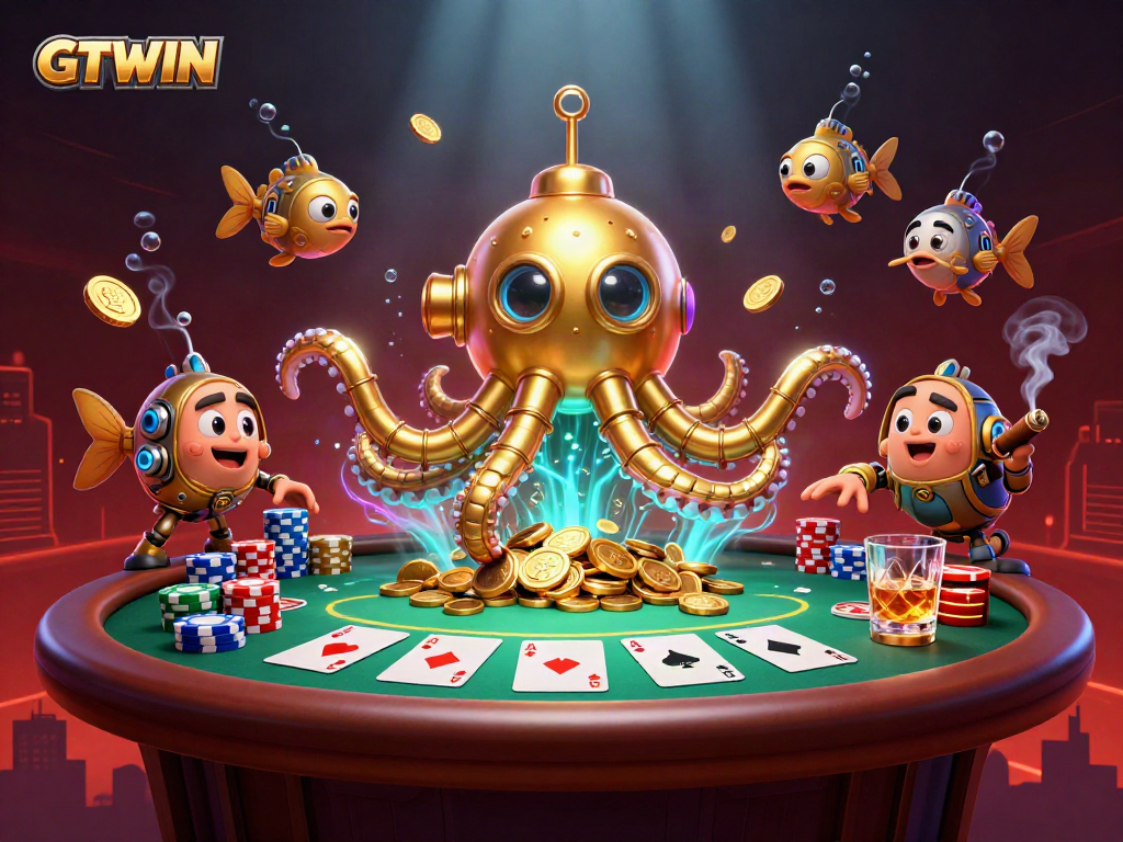 Engage in thrilling gameplay with GTWIN as a golden kraken submarine navigates a rich sea of gold coins.