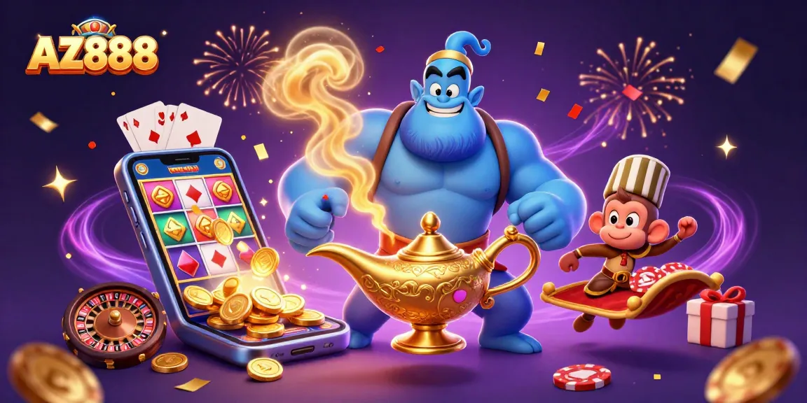 Experience exciting gameplay with AZ888, featuring a genie, monkey, and poker chips.