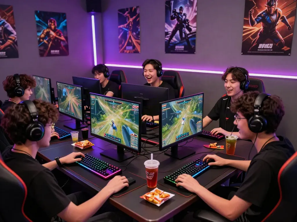 Exciting gaming tournament at DU88 with friends competing and engaging at colorful esports setup.