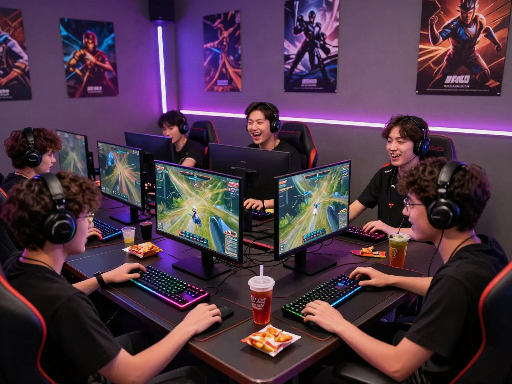 Exciting gaming tournament at DU88 with friends competing and engaging at colorful esports setup.