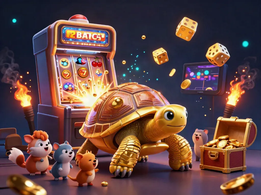 Experience keonhacai with an exciting 3D illustration of a golden tortoise pinball machine amidst a gambling scene, featuring flying symbols and treasures.