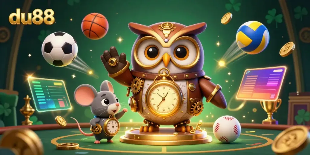 Engage in winning strategies with du88 in this vibrant casino adventure featuring a time-traveler owl and dynamic game elements.