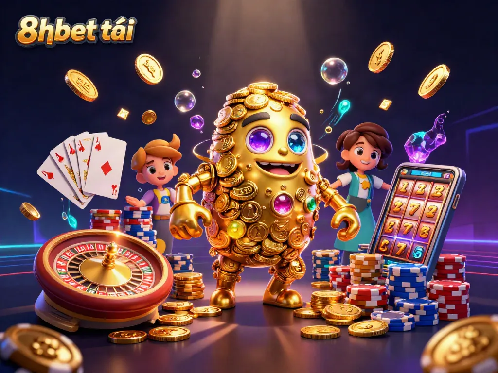 Experience the excitement of winning with 8xbet tải, showcasing a golden golem surrounded by vibrant casino elements.