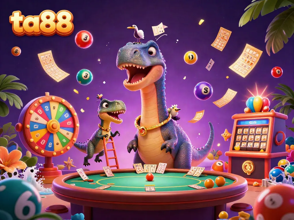 Experience the thrilling casino atmosphere with ta88 as a giant brontosaurus watches a raptor deal cards amidst vibrant lottery and gaming elements.