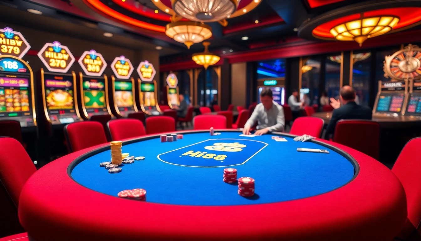 Players enjoy a thrilling game at the Hi88 poker table, surrounded by vibrant casino decor.