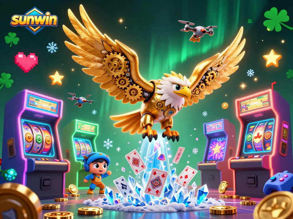 Experience sunwin's vibrant casino adventure with a golden eagle soaring through colorful gaming elements.