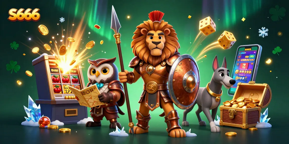 S666 offers thrilling jackpot games with a Spartan lion and dynamic casino elements shining in a vibrant scene.