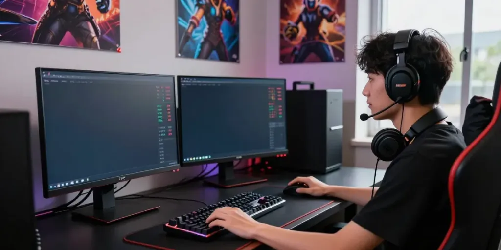 Immersive gaming scene at https://man88.hair/ with dual monitors, gaming gear, and vibrant LED lighting.