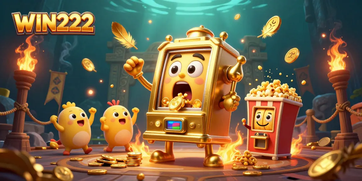 WIN222 slot machine hits jackpot as coins pour out, surrounded by cheering machines and vibrant elements.