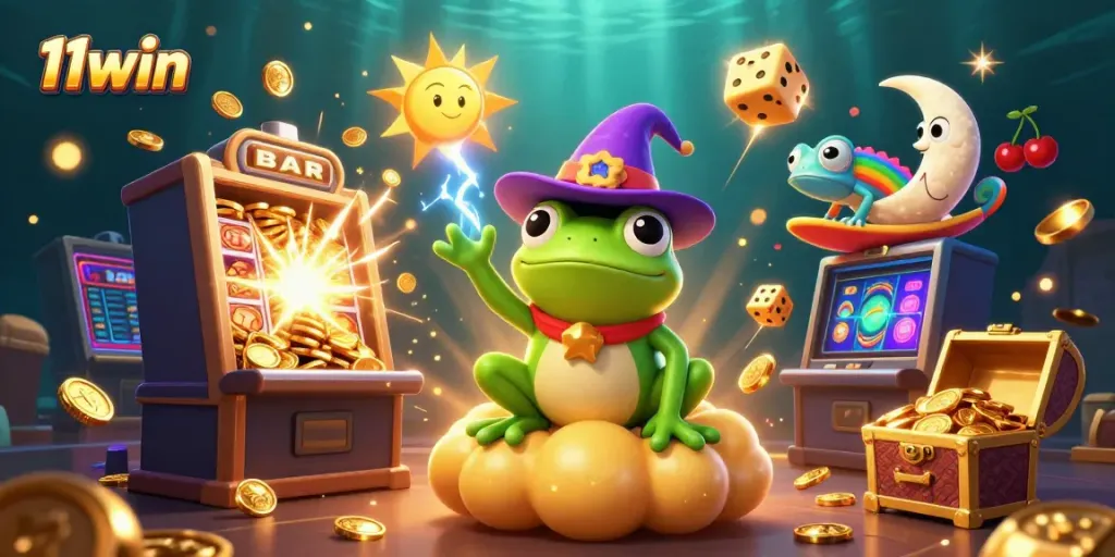 Experience thrilling wins with 11win's vibrant casino scene, featuring a mystical frog and chameleon amidst golden coins.