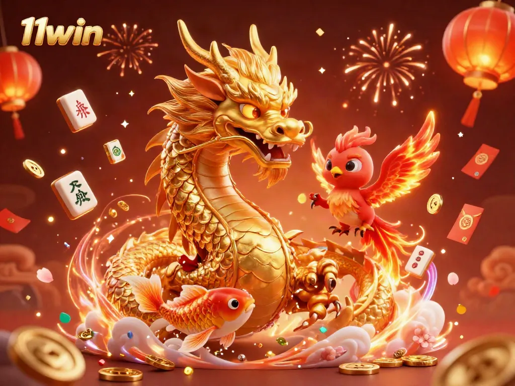 Experience thrilling wins at 11win with a vibrant illustration of a dragon, phoenix, and koi fish celebrating gaming.