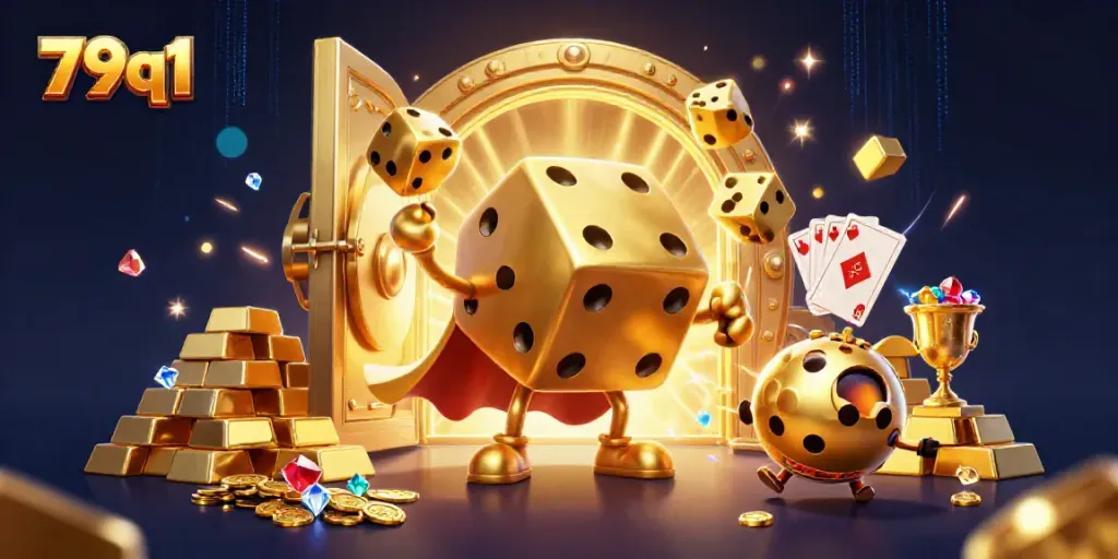 Engage with 79q1's exciting casino atmosphere featuring golden dice golem and dynamic treasure elements.