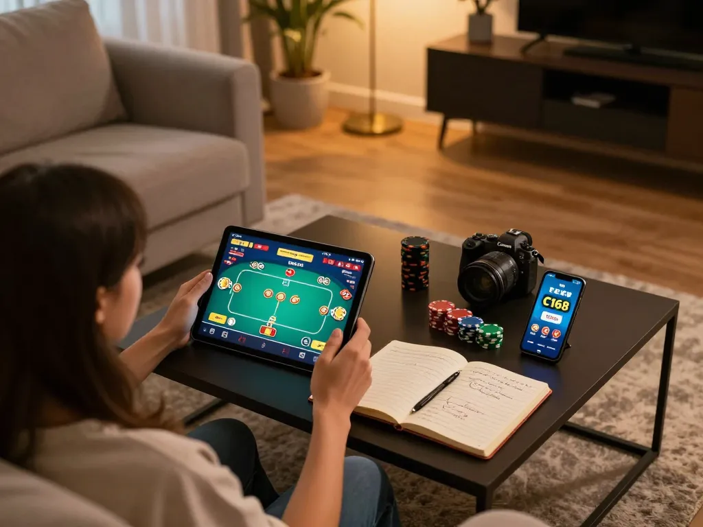 C168 online gaming setup with a player using a tablet for poker strategies at home