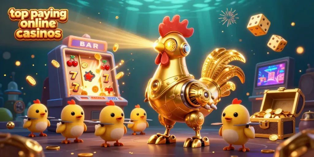 Experience the excitement of top paying online casinos with a vibrant 3D scene featuring a golden rooster robot and dynamic casino elements.