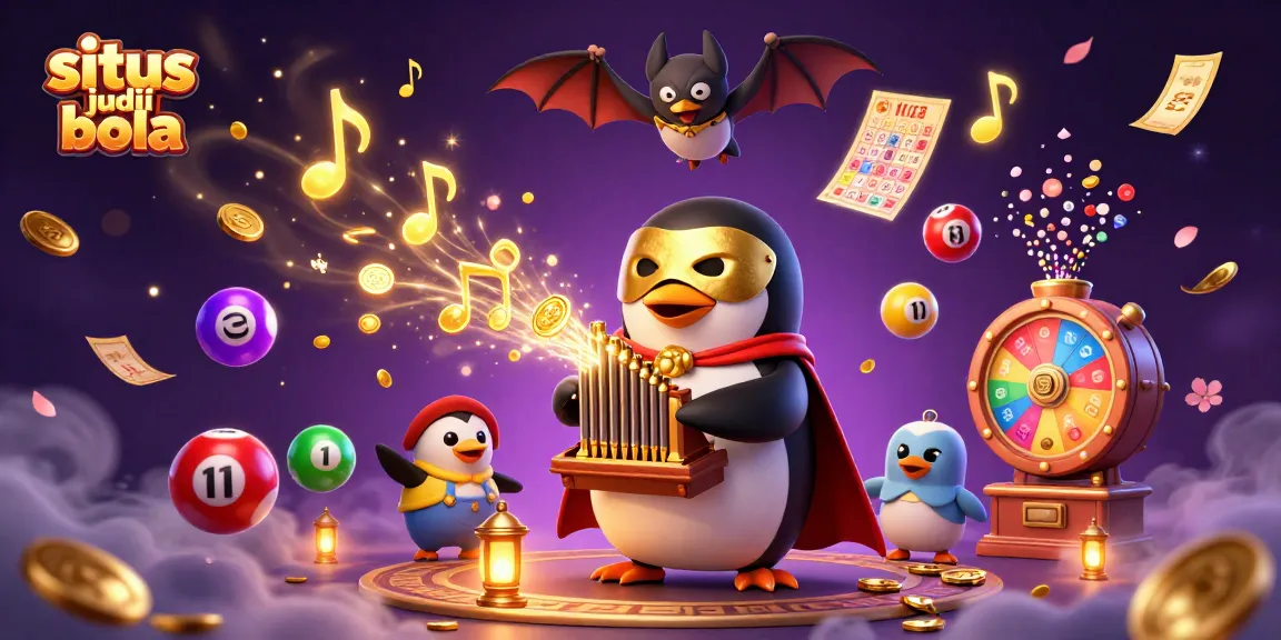 Permainan situs judi bola dengan karakter penguin misterius, bat akrobat, dan elemen permainan di latar belakang.