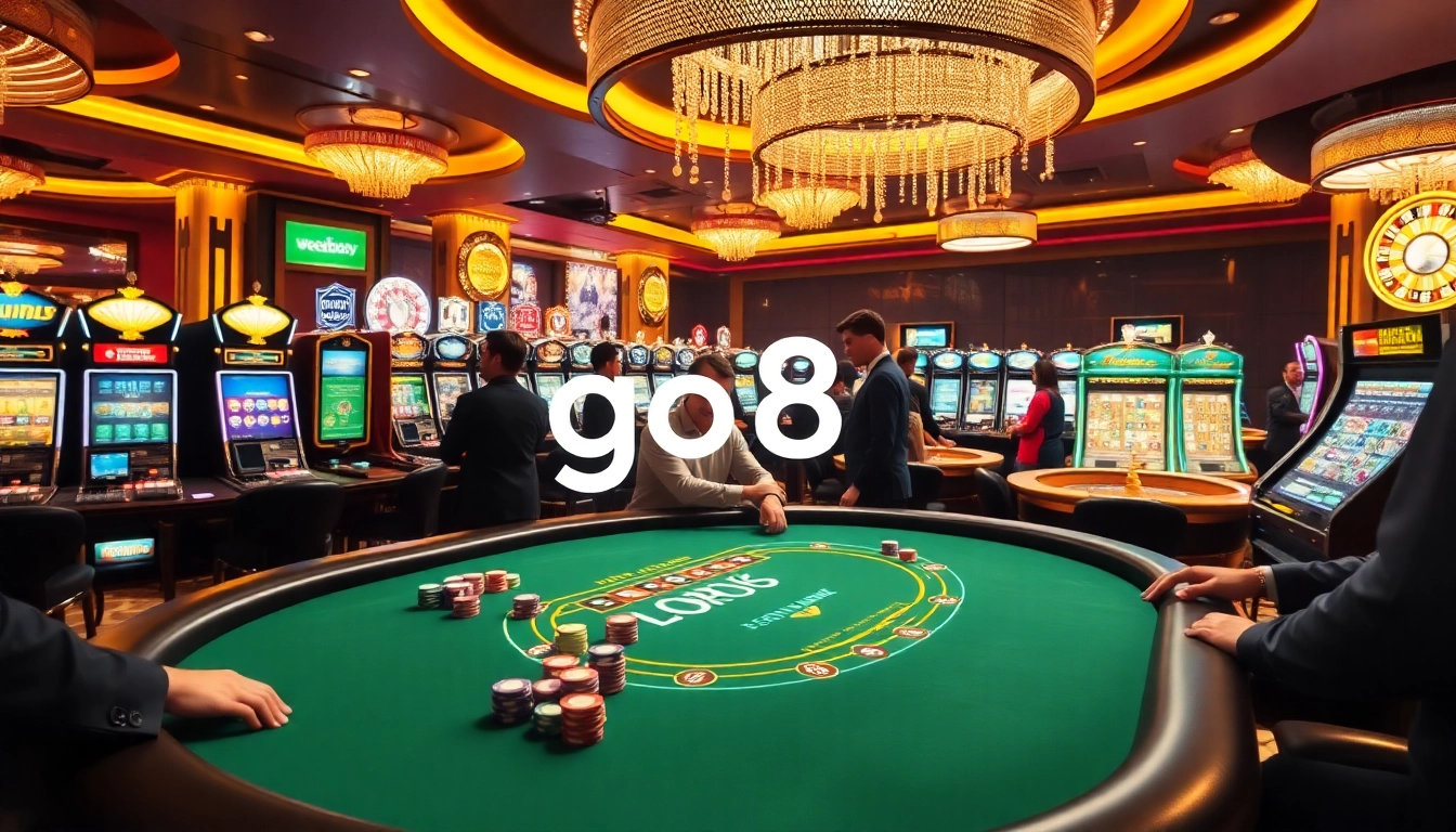 Go8 casino scene showcasing players at a thrilling blackjack table, enjoying a high-stakes game atmosphere.