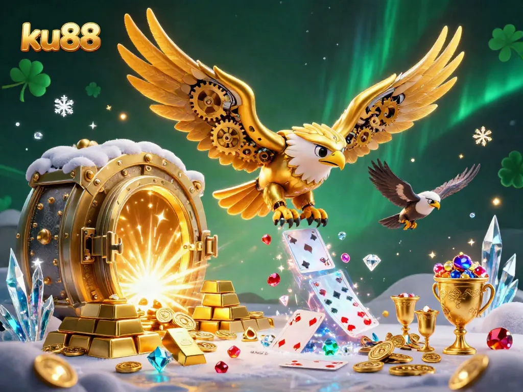 Experience thrilling gameplay with ku88 as a cybernetic eagle dives through vibrant holographic cards amidst treasures.