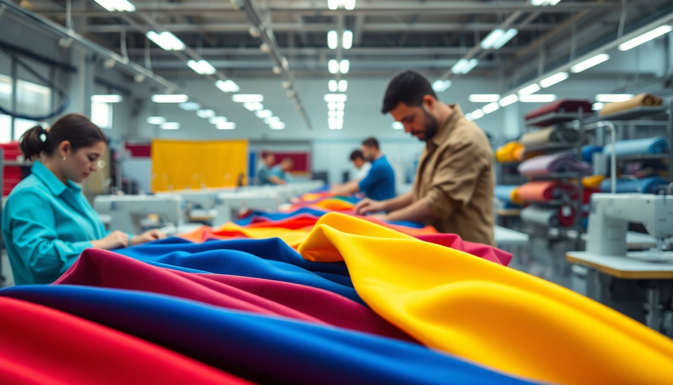 Clothing Manufacturer Private Label team inspecting garments in a vibrant factory environment.