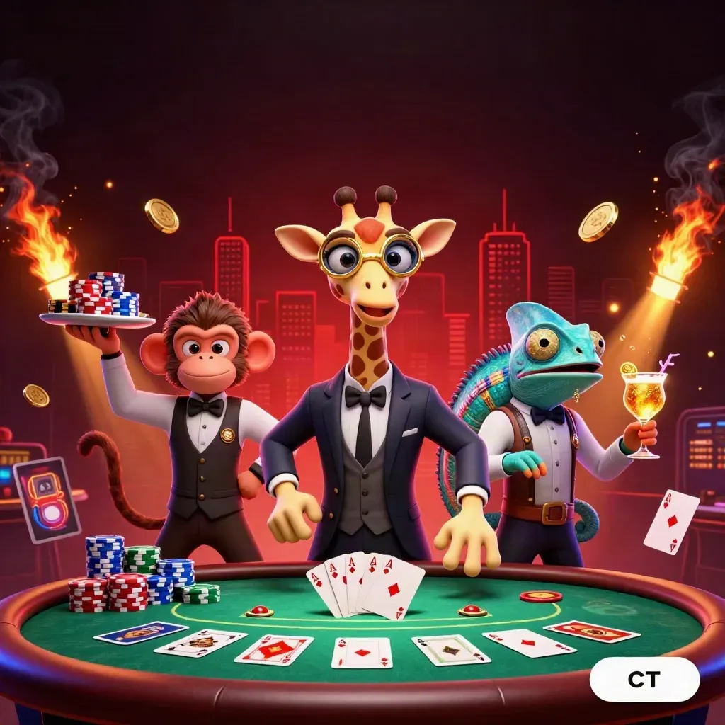Girafa de terno, macaco e camaleão num cassino neon com fichas e brilho dramático.