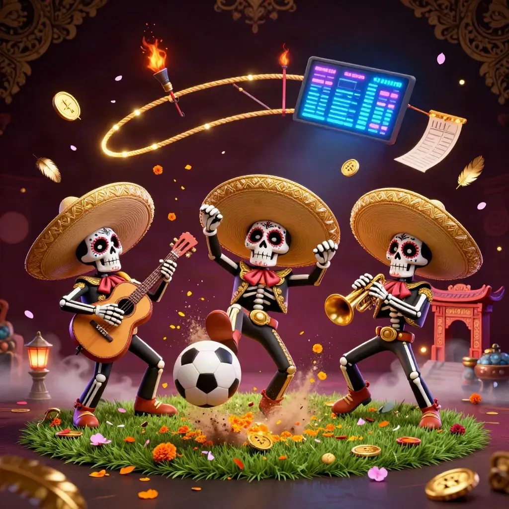 Trio de esqueletos mariachi em ação com bola de futebol, moedas e luzes neon.