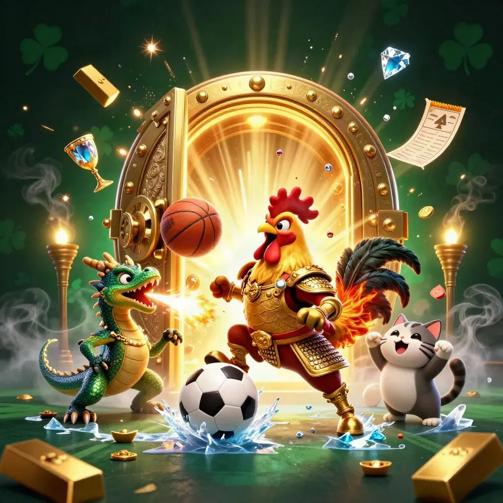 Galo samurai, dragão bebê e gato da sorte com bola de futebol, bola de basquete e tesouro brilhando.