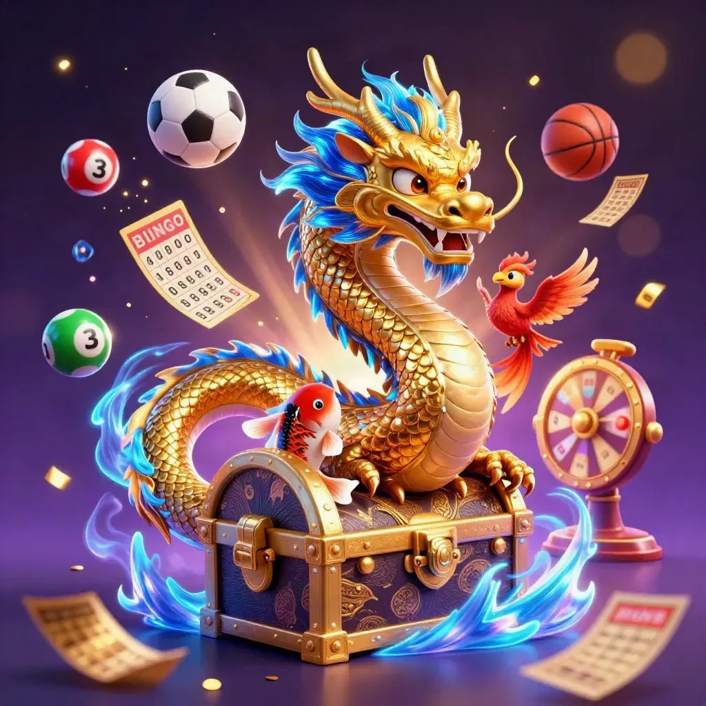 Dragão dourado cercado por bolas, bingo, roleta, bola de futebol e basquete em cenário neon cósmico.