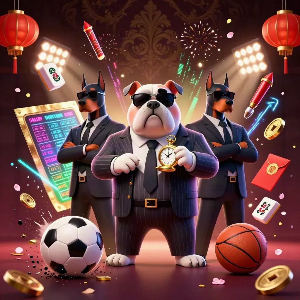 Bulldog mafioso 3D com dois Dobermans, bolas e fichas voando em cenário neon de cassino