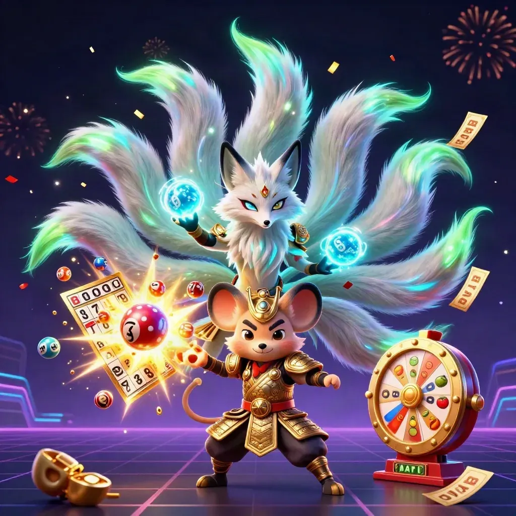 Raposa espiritual de nove caudas com rato samurai dourado, roleta, bolas e confetes neon em fundo escuro.