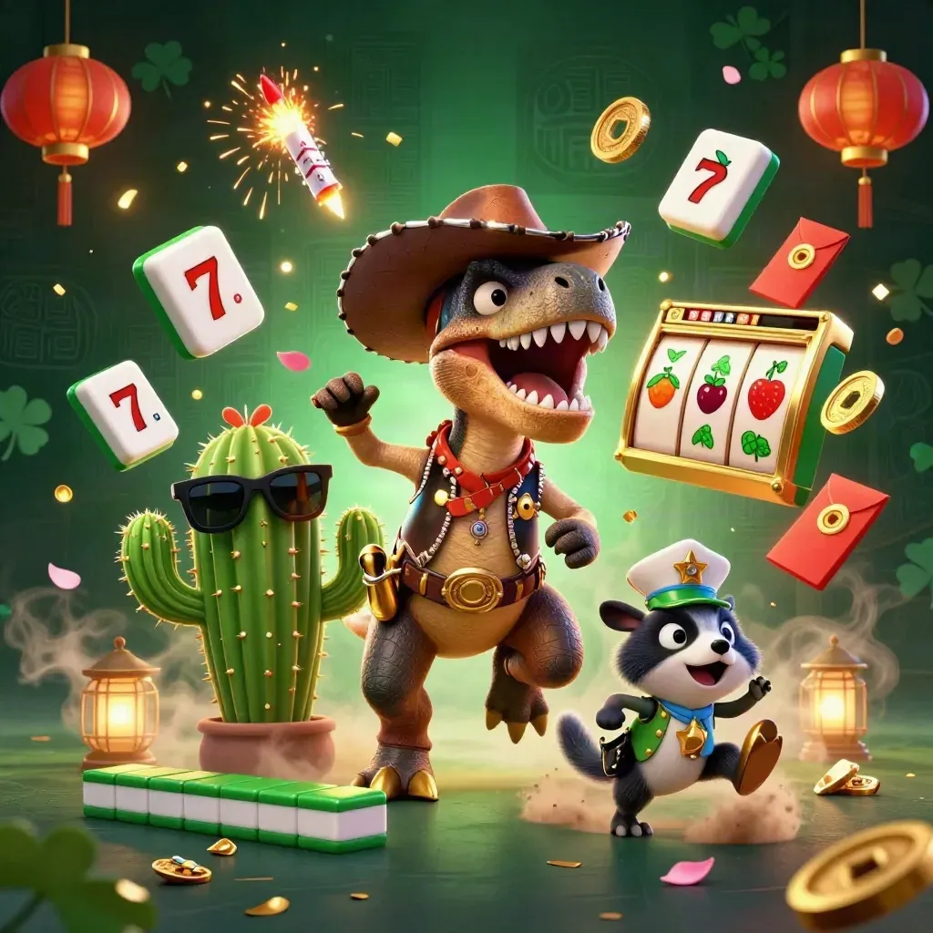 T-Rex cowboy, cacto e roadrunner em explosão neon com moedas, lanternas e gemas.
