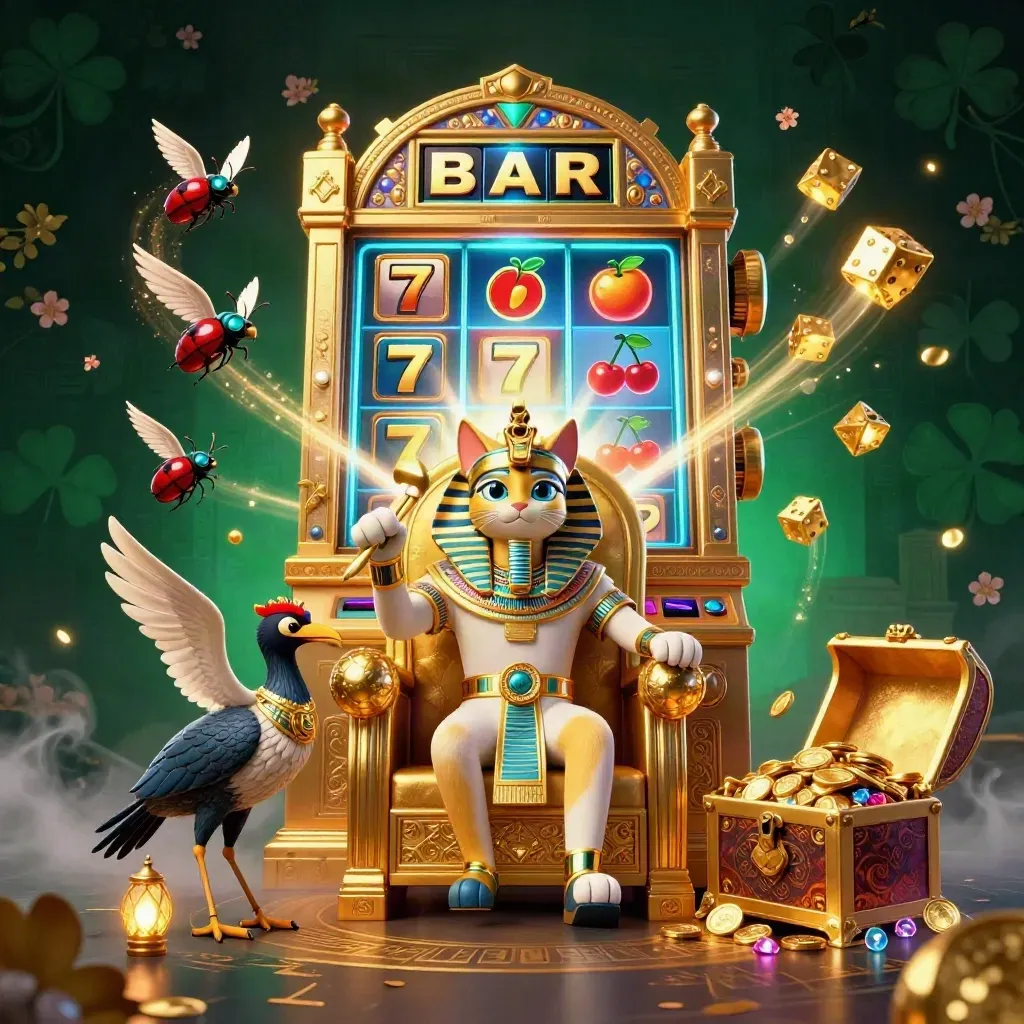 Gato faraó 3D em trono dourado, íbis escriba e escaravelhos com ouro e neon azul.