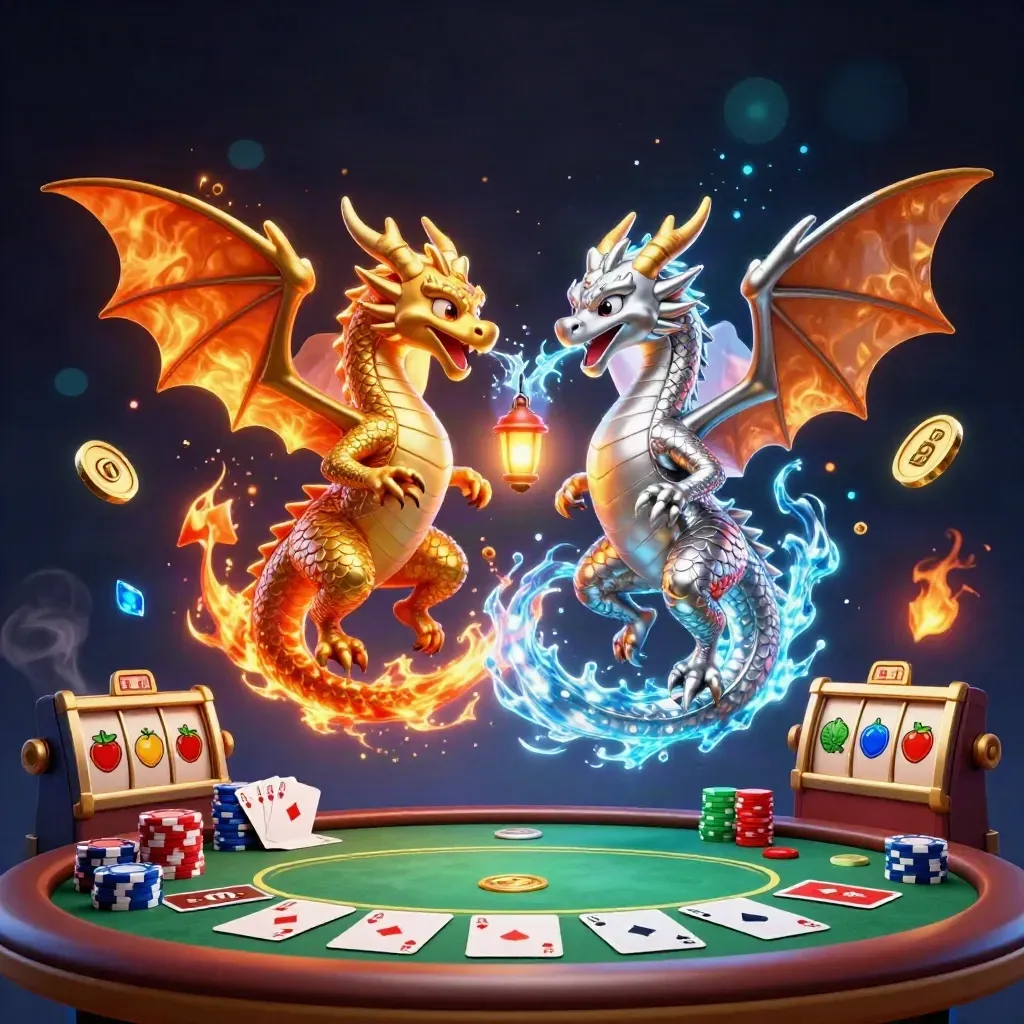 Dois dragões 3D dourado e prateado em espiral, com cartas de pôquer e luz neon azul.