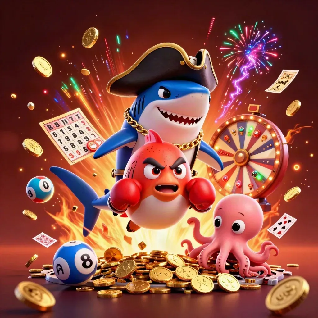 Tubarão pirata, baiacu bravo e polvo bebê entre moedas, roleta e fogos neon.