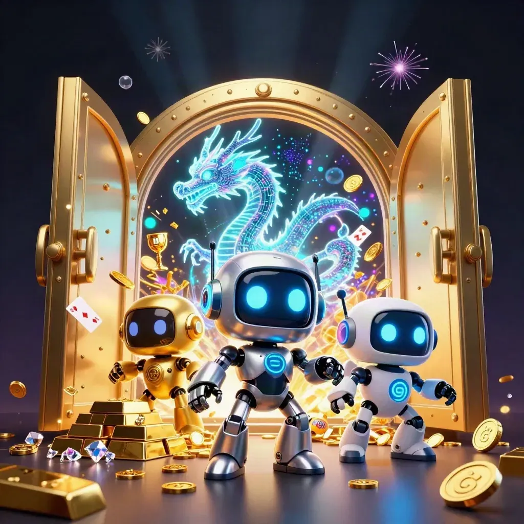 Robô cyberpunk, dragão holográfico e drone diante de um cofre dourado explodindo