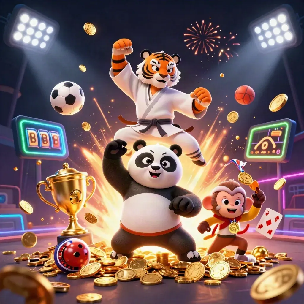 Tigre kung-fu, panda e macaco entre moedas, troféu e fogos em cena neon.