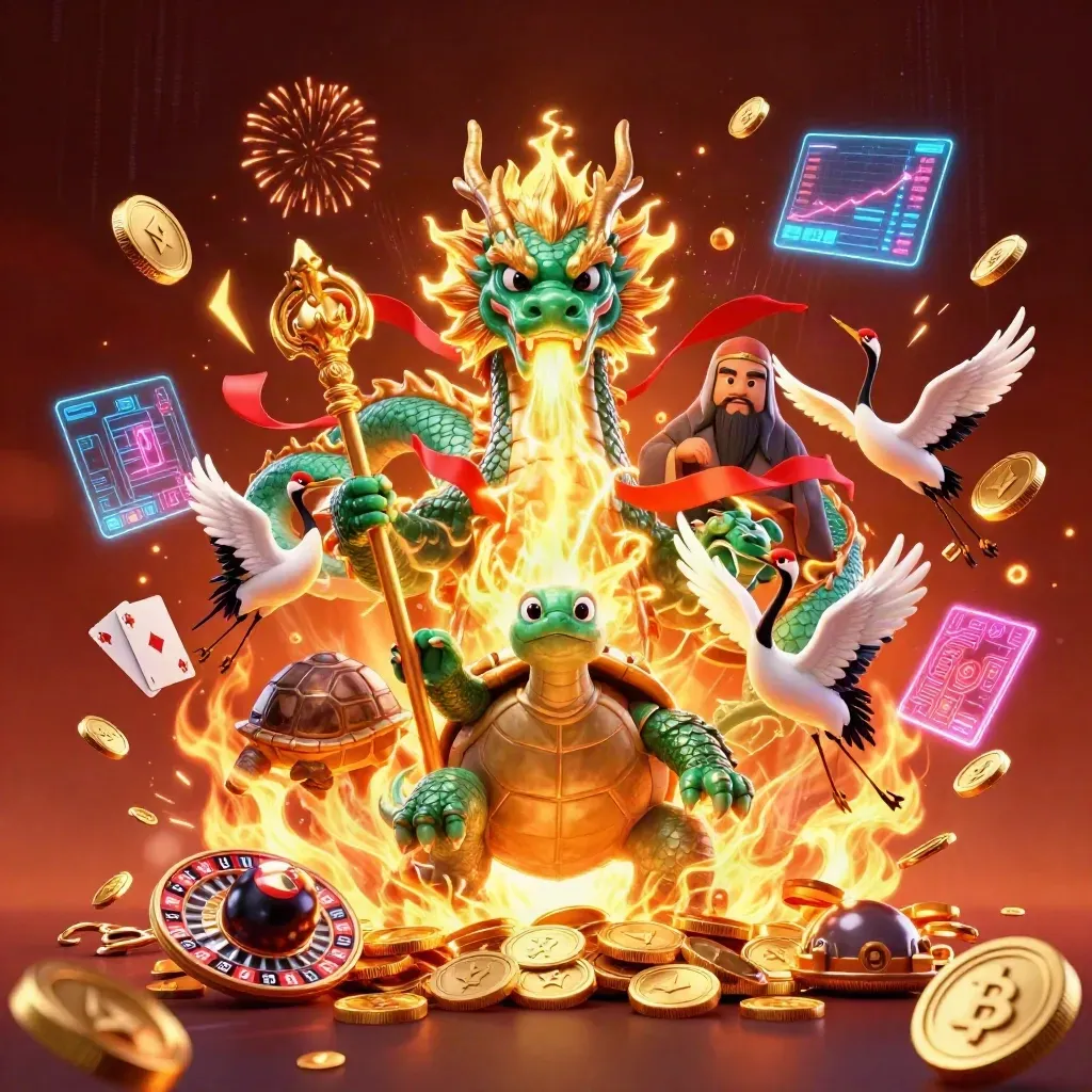 Dragão jade, tartaruga sábia e garças entre moedas, relâmpagos e ouro neon.