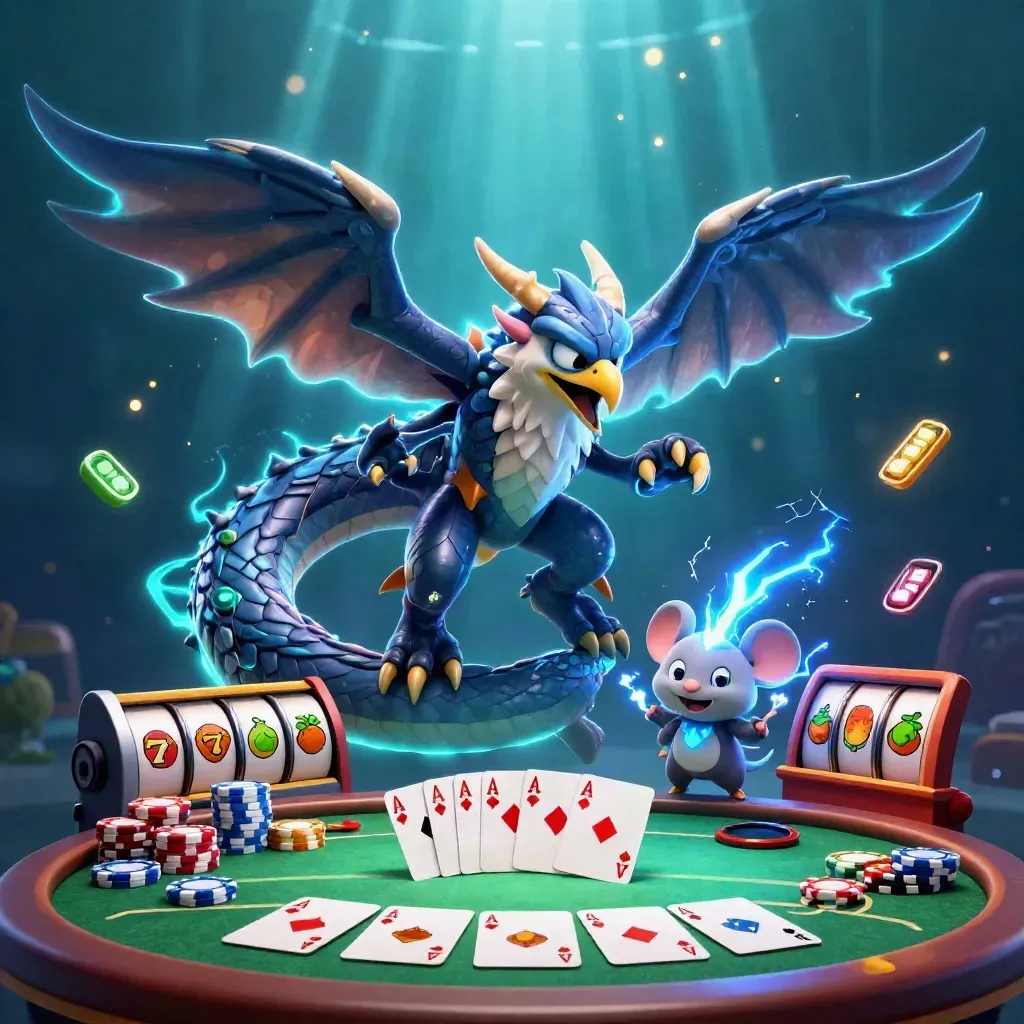 Dragão, falcão e rato de trovão cercados por fichas, cartas e slots em neon.