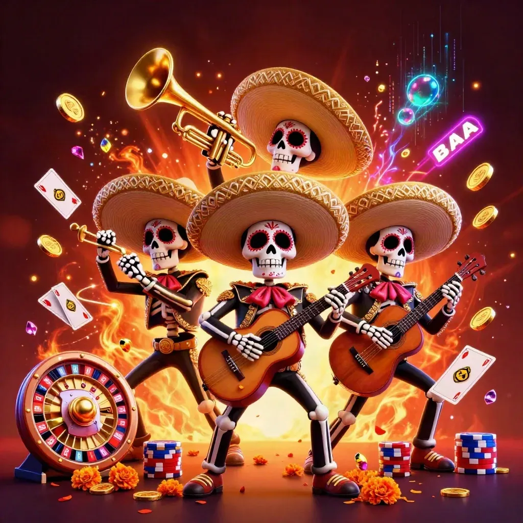 Trio de esqueletos mariachi com moedas, roleta e fichas em neon.