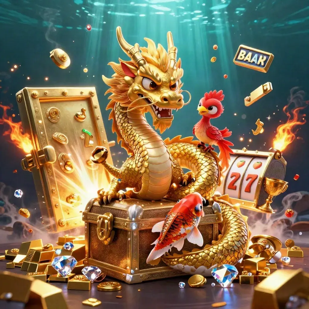 Dragão dourado, fênix e koi em cena de tesouro subaquática com brilho neon.