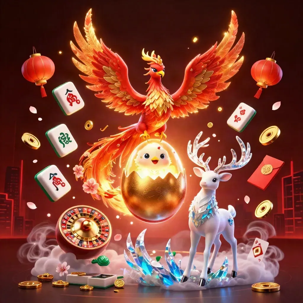 Fênix de fogo, cervo místico e ovo dourado cercados por símbolos de cassino.
