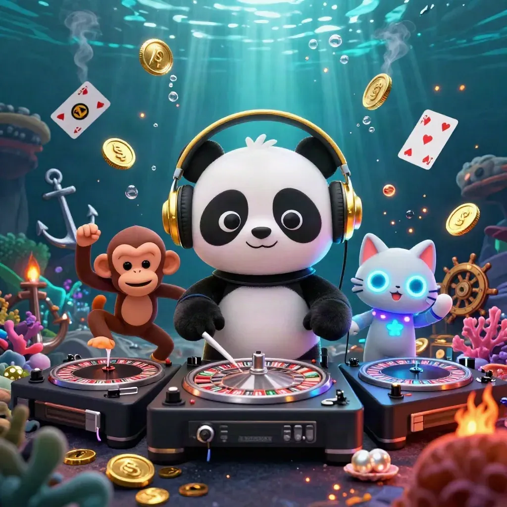 Panda DJ, macaco dançarino e gatinho neon em tesouro submarino com moedas, cartas e brilho.
