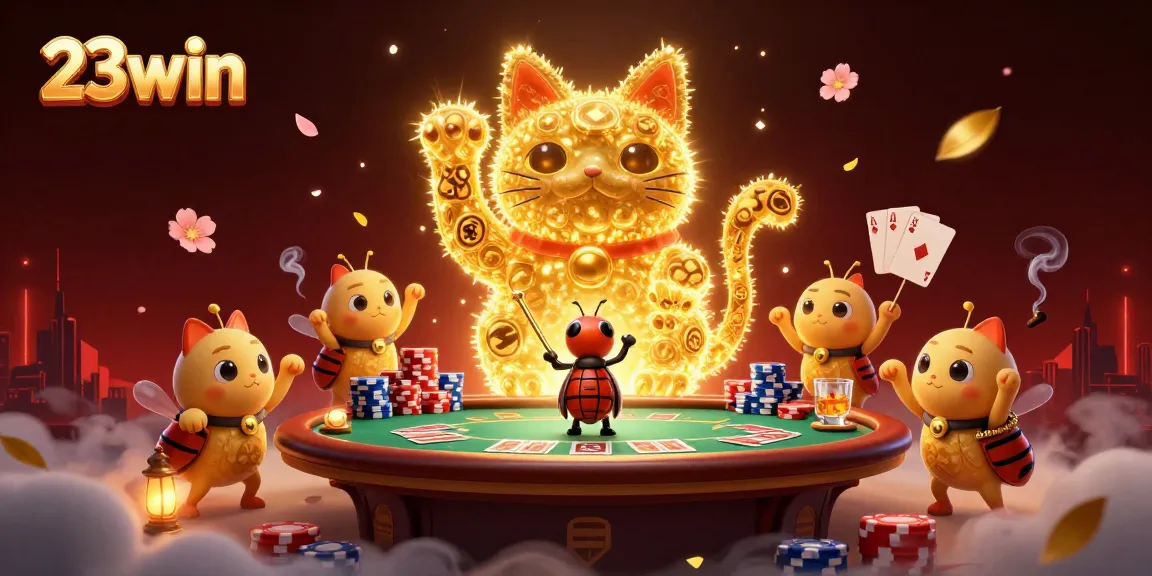 Experience the vibrant world of 23win with a dazzling lucky cat scene filled with poker excitement.